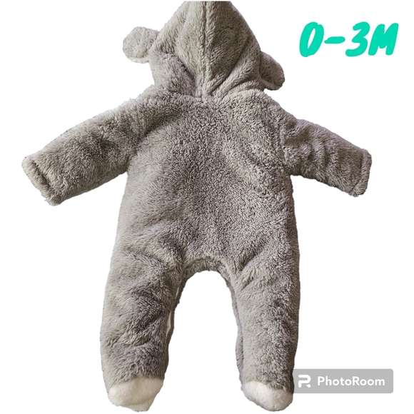Baby Fleece Baby 0-3M Bear Grey Footed Hooded Snowsuit Winter Bunting Sherpa - Picture 2 of 8